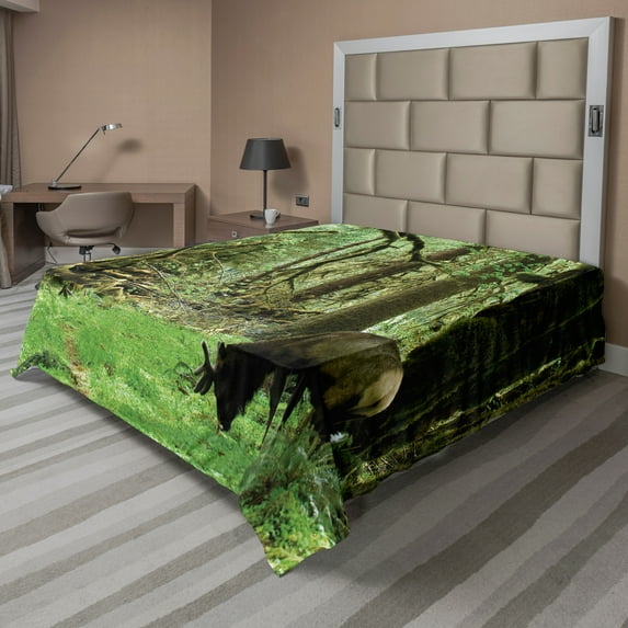 Ambesonne Forest Flat Sheet, Roosevelt Elk in Park, King Size, Green Brown