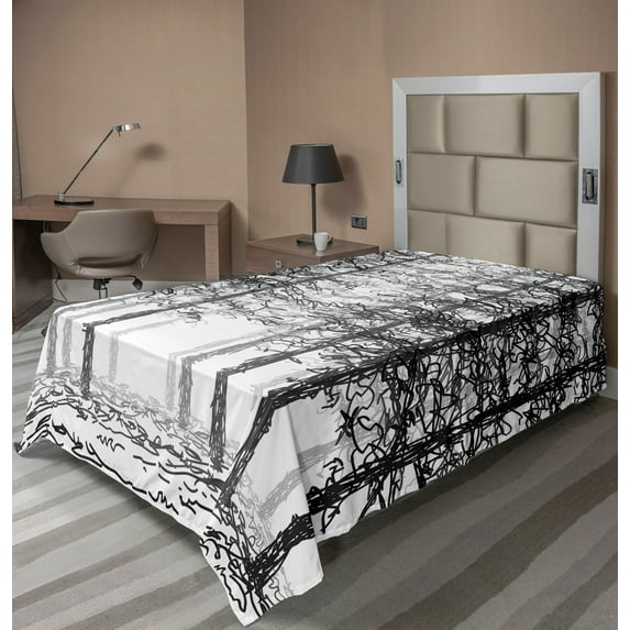 Ambesonne Forest Flat Sheet, Sketch Style Line Art, TwinXL Size, Black Grey White