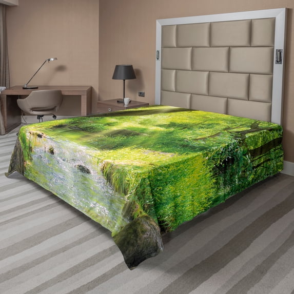 Ambesonne Forest Flat Sheet, Stream Cascade Tropical, California King, Brown Lime Green