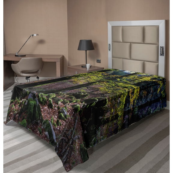 Ambesonne Forest Flat Sheet, Trees Autumn Wilderness, Twin Size, Green Pale Pink