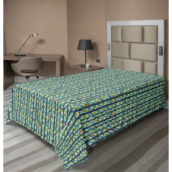Ambesonne Forest Flat Sheet, Trees Woods and Birds Leaves, TwinXL Size, Sea Green and Slate Blue