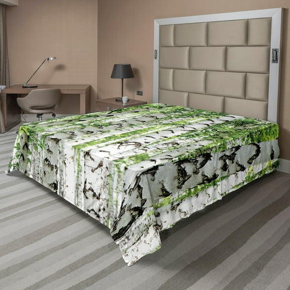 Ambesonne Forest Flat Sheet, Wildlife Nature Summer, King Size, White Green