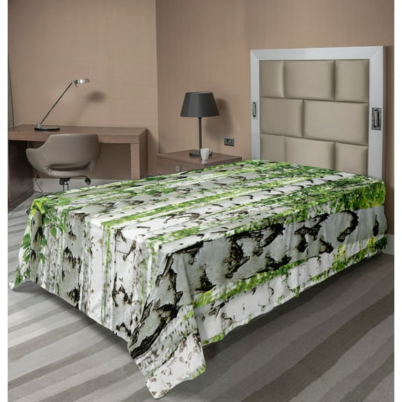 Ambesonne Forest Flat Sheet, Wildlife Nature Summer, TwinXL Size, White Green