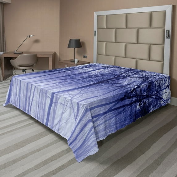 Ambesonne Forest Flat Sheet, Winter Woodland Foggy, King Size, Purple Black Grey