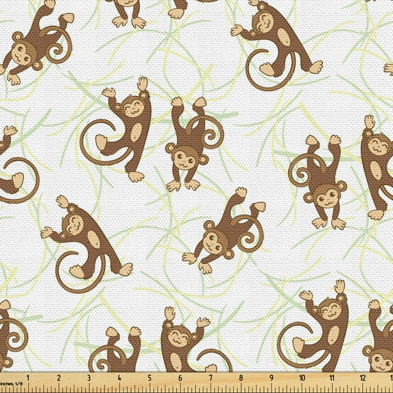 Ambesonne Forest Friends Fabric by the Yard Upholstery, Cheerful Monkeys, 10 Yards, Umber Pastel Brown