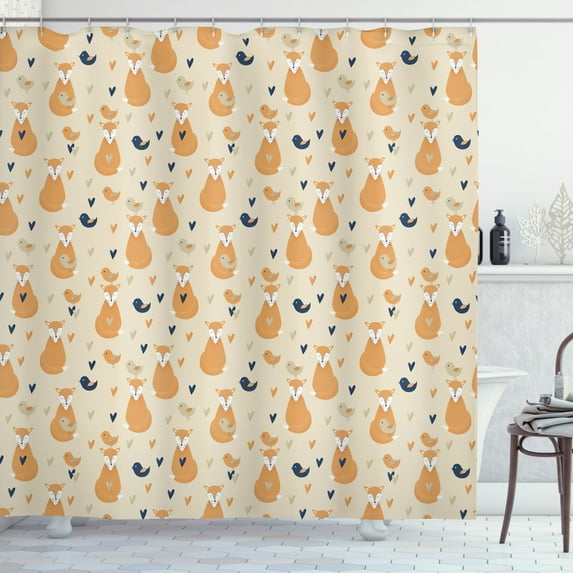 Ambesonne Forest Friends Shower Curtain, Foxes Birds Hearts, 69"Wx84"L, Beige Pale Orange