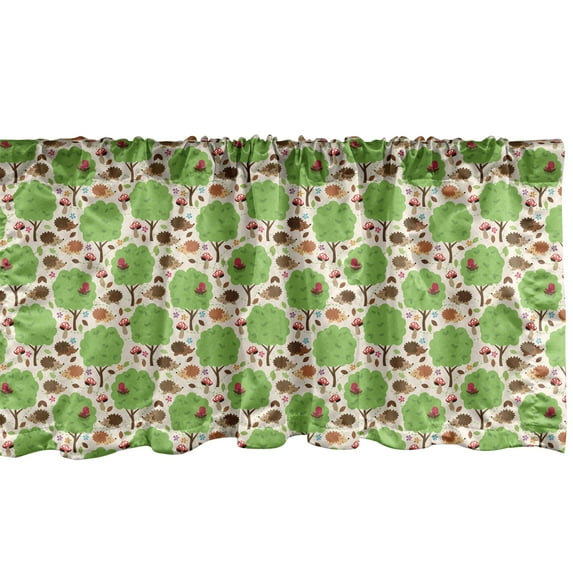 Ambesonne Forest Friends Window Valance, Repetitive Nursery Themed Pattern with Trees Hedgehogs and Mushrooms, Curtain Valance for Kitchen Bedroom Decor with Rod Pocket, 54" X 12", Multicolor