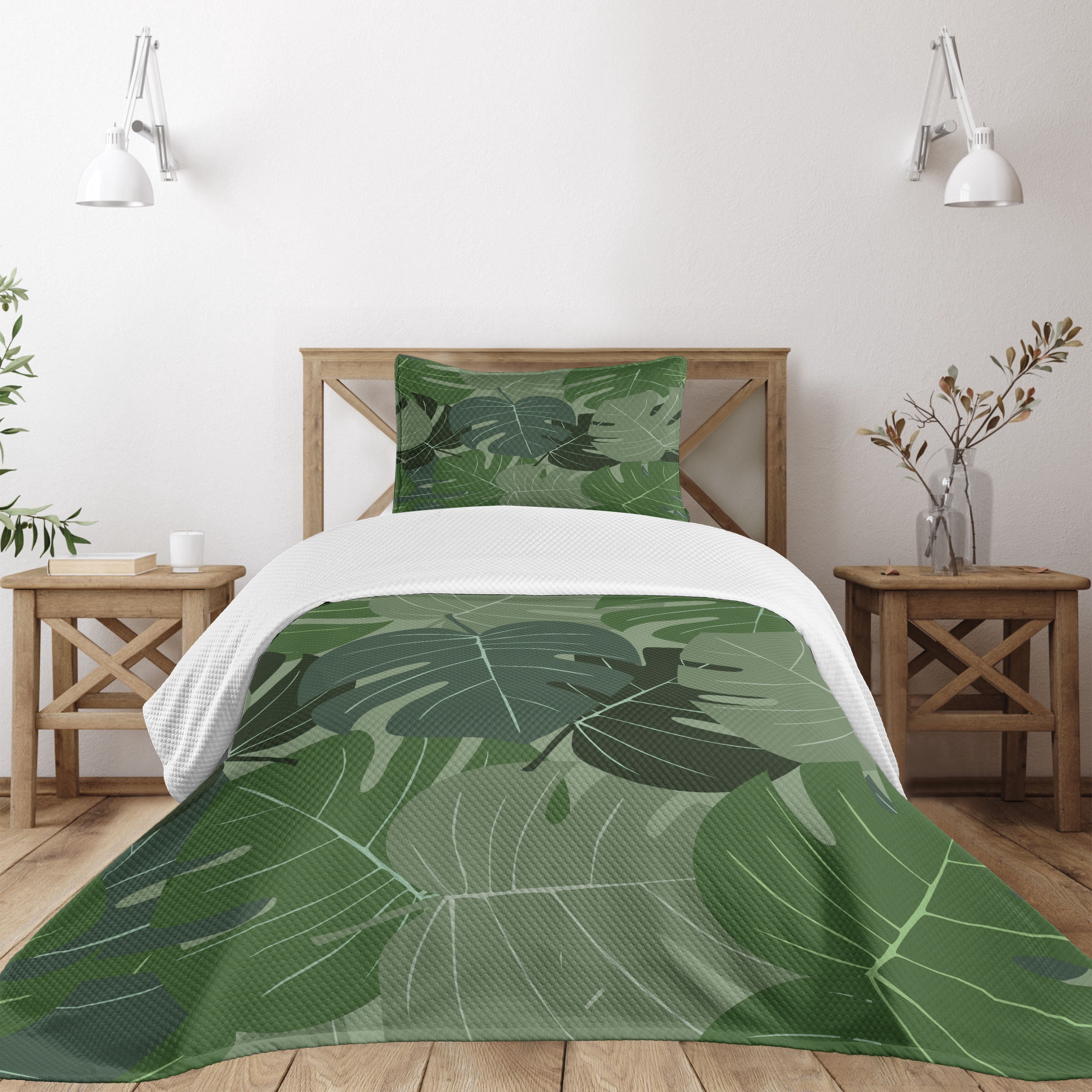 Ambesonne Palm Tree Bed Runner & 2 Shams Set – 88"x19.5" Runner, 20" Shams, Pale Sepia & Multicolor, Satin Polyester