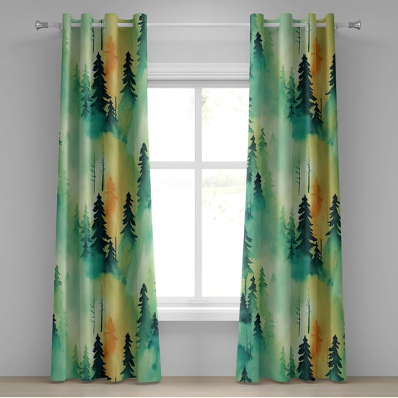 Ambesonne Forest Grommet Curtain, Vintage Jungle Landscape Art, 50"x96", Fern Green and Laurel Green