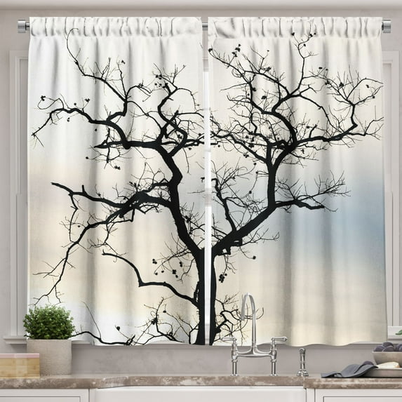 Ambesonne Forest Kitchen Curtains, Black Fall Tree Silhouette, 55"x45", Grey Black