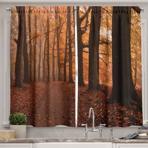 Ambesonne Forest Kitchen Curtains, Fall Hiking Enchanted, 55"x45", Dark Orange Dark Brown