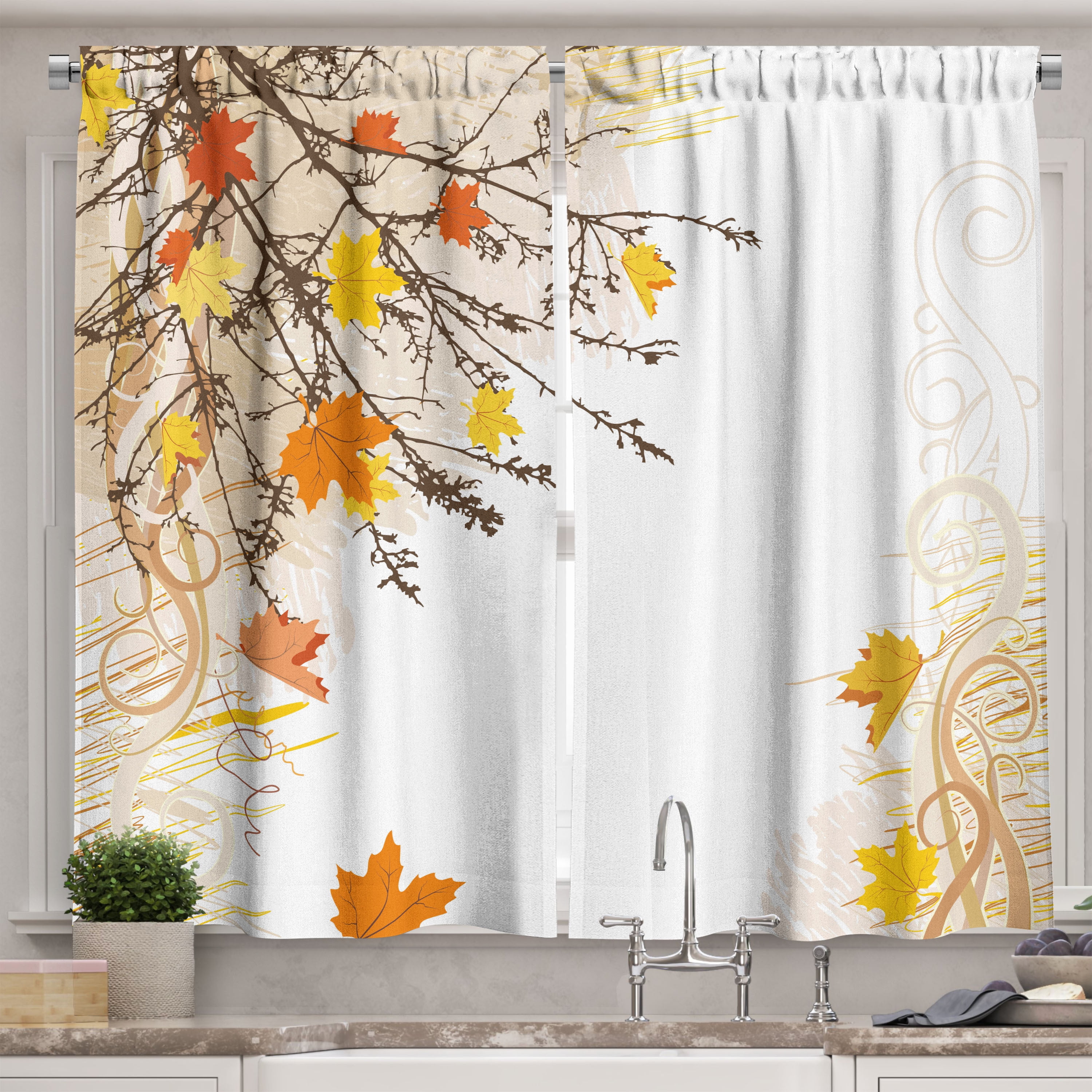 Autumn Maple Leaves White Polyester Kitchen Curtains 55" x 39"