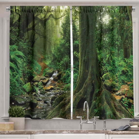 Ambesonne Forest Kitchen Curtains, Moss on Trees Stream, 55"x39", Green