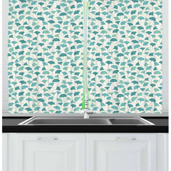 Ambesonne Forest Kitchen Curtains, Pastel Ginkgo Leaves, 55"x39", Teal Turquoise and Cream