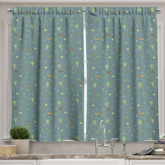 Ambesonne Forest Kitchen Curtains, Small Bear Deer Fox Trees, 55"x24", Laurel Green and Pale Blue
