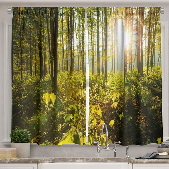Ambesonne Forest Kitchen Curtains, Sun Rays Woods Foliage, 55"x39", Green Yellow Brown