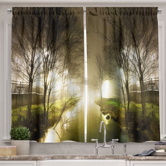 Ambesonne Forest Kitchen Curtains, Water Channel Foggy City, 55"x45", White Green Brown