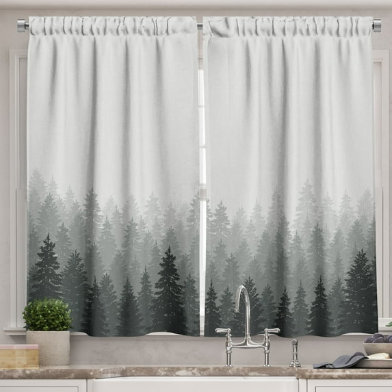 Ambesonne Forest Kitchen Curtains, Wilderness Theme Foliage, 55"x45", Pale Grey Dark Grey