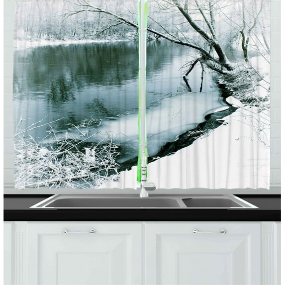 Ambesonne Forest Kitchen Curtains, Winter Snowy Foliage, 55"x45", Turquoise White