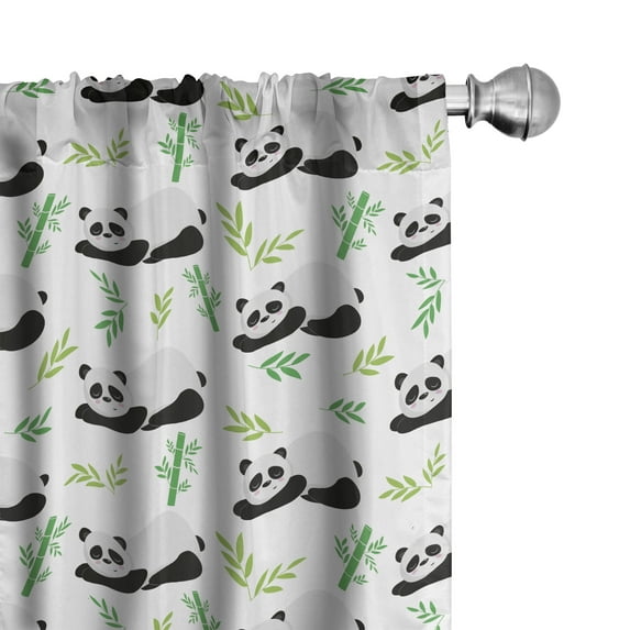 Ambesonne Forest Life 4-Panel Curtains, Sleeping Panda Leaves, 56"x95", Green Charcoal Grey White