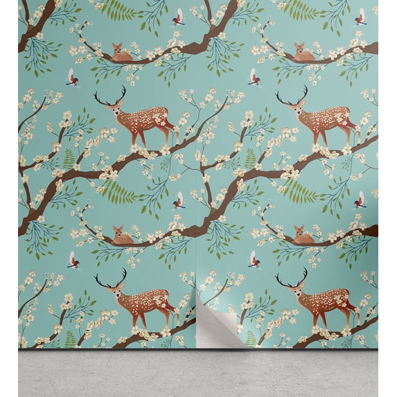 Ambesonne Forest Peel & Stick Wallpaper for Home, Bird Sika Deer Japanese Art, 13"x100", Seafoam and Umber