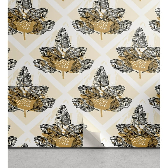 Ambesonne Forest Peel & Stick Wallpaper for Home, Tropical Leaf Sketchy Print, 13"x36", Cream Camel and Black