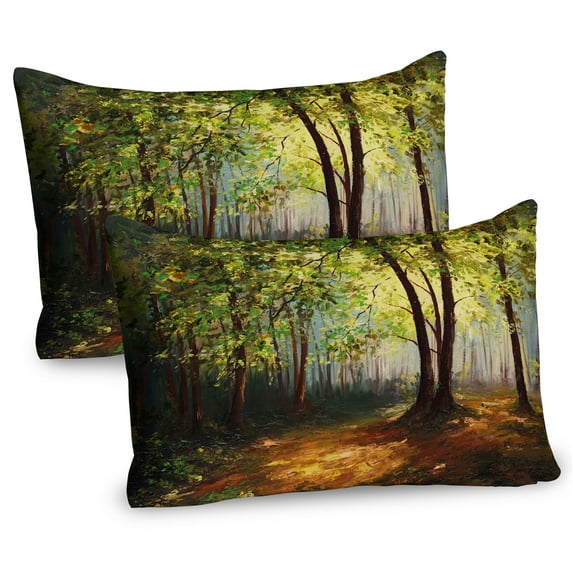 Ambesonne Forest Pillow Sham 2 Pack, Spring Woodland Trees, 26"x20", Fern Green Cinnamon