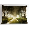 thumbnail image 1 of Ambesonne Forest Pillow Sham, Water Channel Foggy City, 26" X 20", White Green Brown, 1 of 2