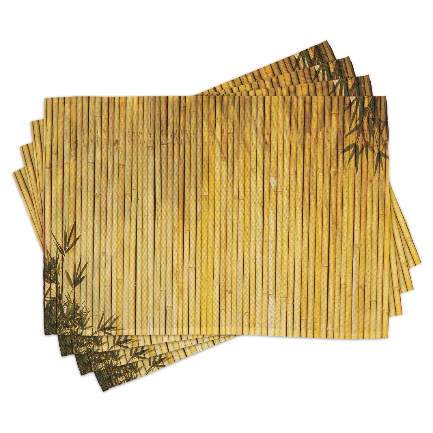 Yellow Bamboo Print Polyester Fabric Placemats Set of 4