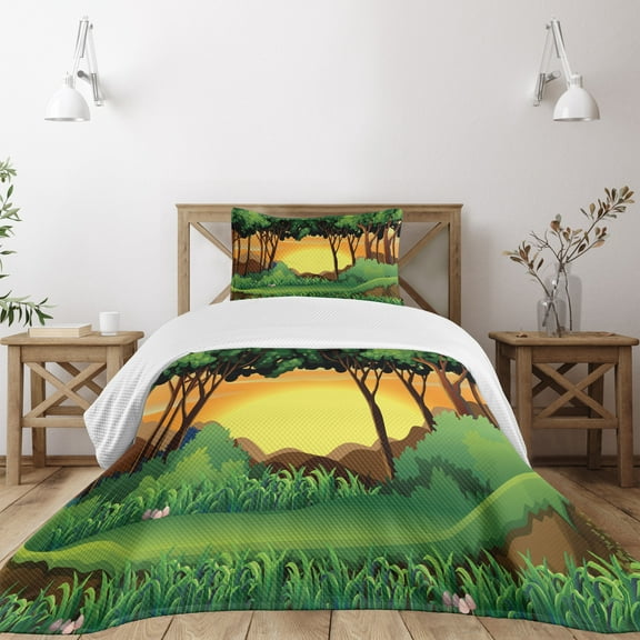 Ambesonne Forest Quilted Bedspread Set 2 Pcs, Cartoon Sunset Hills, Twin Size, Green Caramel Yellow