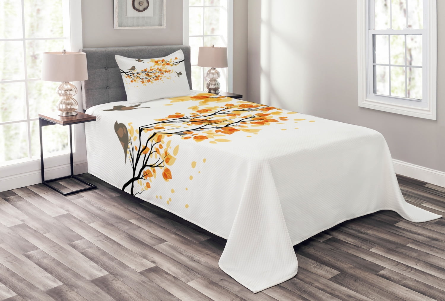 Twin White Quilted Bedspread Set with Autumn Leaves