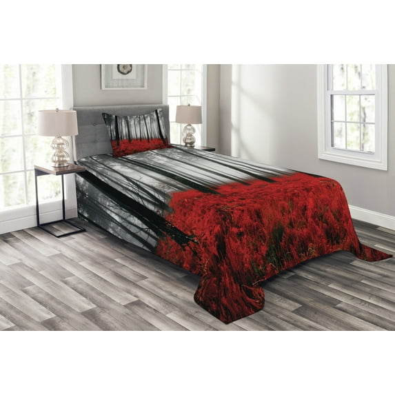 Ambesonne Forest Quilted Bedspread Set 2 Pcs, Foggy Woodland, Twin Size, Pale Grey Black and Red