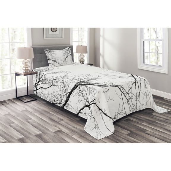 Ambesonne Forest Quilted Bedspread Set 2 Pcs, Leafless Scary Branches, Twin Size, Black and White