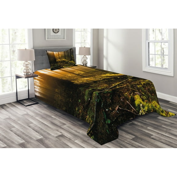 Ambesonne Forest Quilted Bedspread Set 2 Pcs, Misty Morning Sun Rays, Twin Size, Brown Fern Green