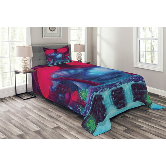 Ambesonne Forest Quilted Bedspread Set 2 Pcs, Mushrooms Vibrant Colors, Twin Size, Blue Red