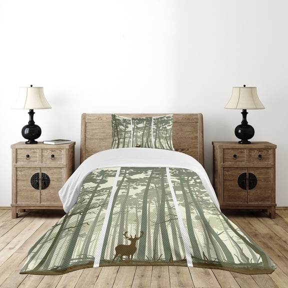 Ambesonne Forest Quilted Bedspread Set 2 Pcs, Pine Trees Deer Motif, Twin Size, Sage Green Cream Brown