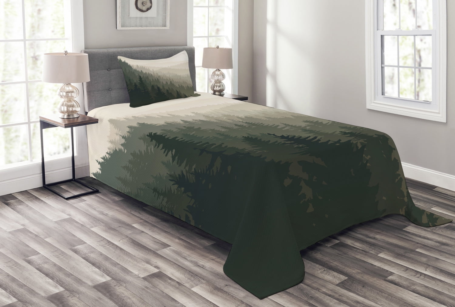 Twin White Quilted Bedspread Set with Forest Design
