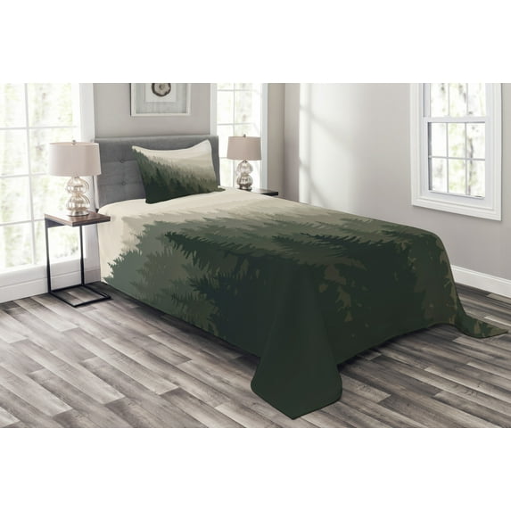 Ambesonne Forest Quilted Bedspread Set 2 Pcs, Scandinavian Nature, Twin Size, Cream Tan Dark Green
