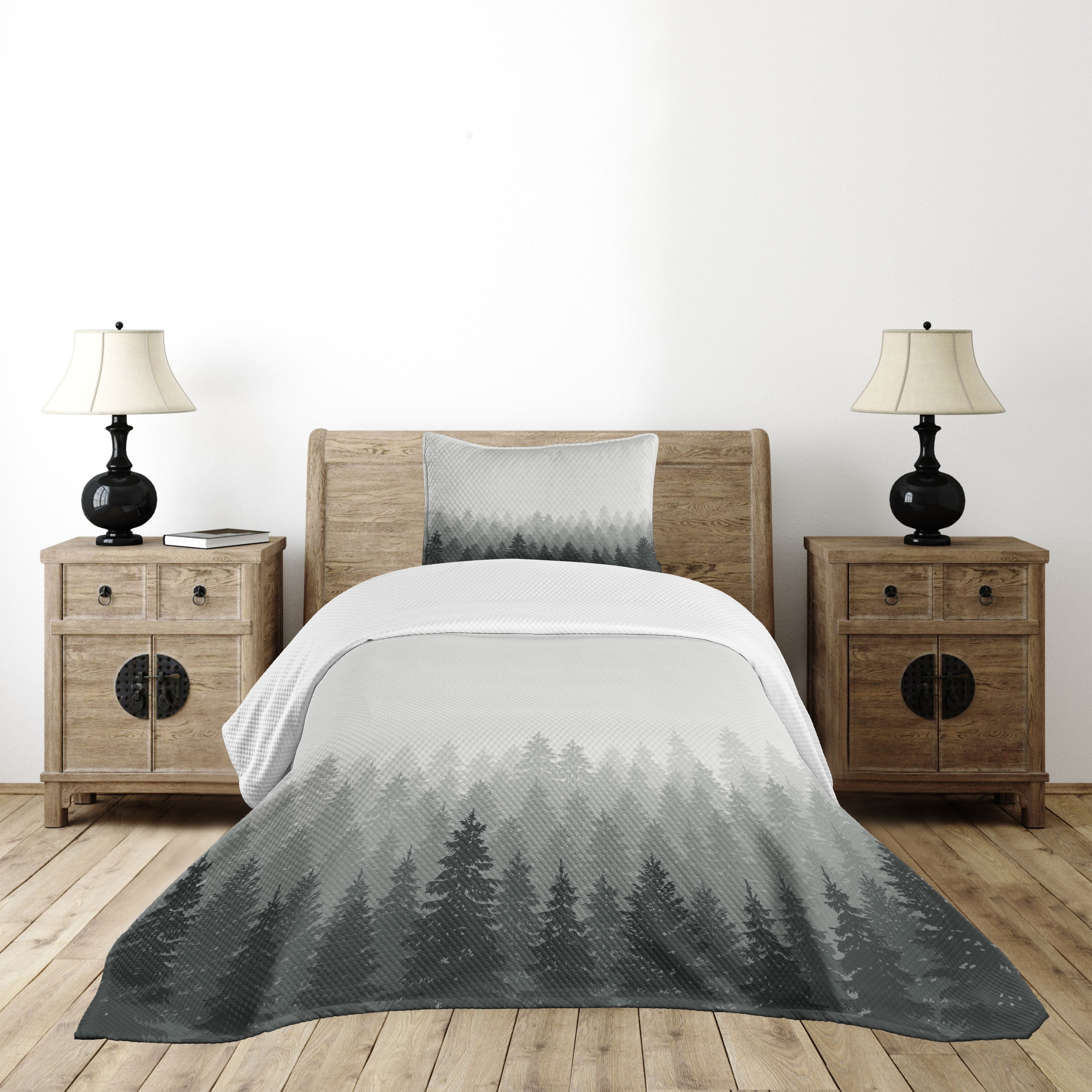 Twin Gray Quilted Forest Bedspread Set with Pillow Sham