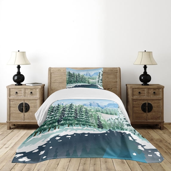 Ambesonne Forest Quilted Bedspread Set 2 Pcs, Winter Season Trees, Twin Size, Green Blue White