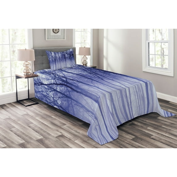 Ambesonne Forest Quilted Bedspread Set 2 Pcs, Winter Woodland Foggy, Twin Size, Purple Black Grey