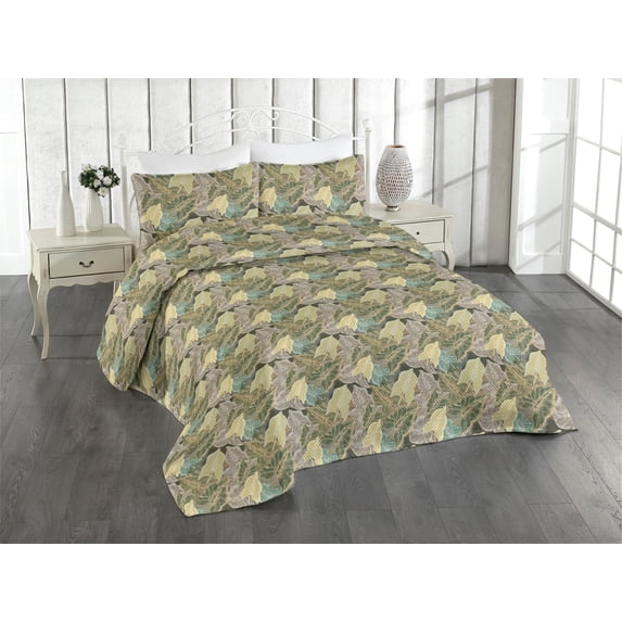 Ambesonne Forest Quilted Bedspread Set 3 Pcs, Abstract Curve Pattern Art, King, Forest Green Dimgray