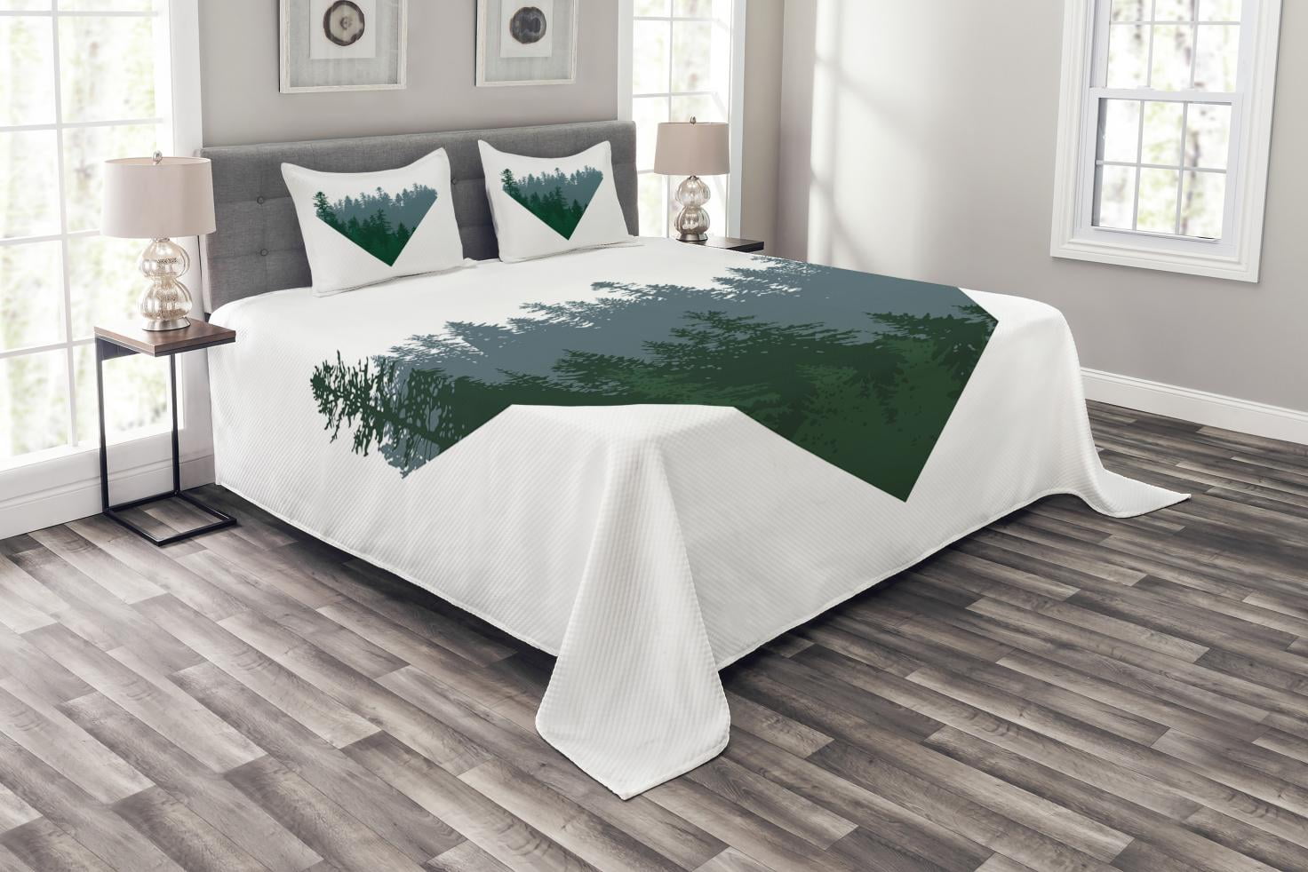 White Quilted Queen Bedspread Set with Forest Design