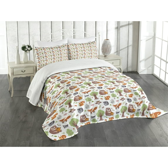 Ambesonne Forest Quilted Bedspread Set 3 Pcs, Doodle Woodland Animals, King Size, Multicolor