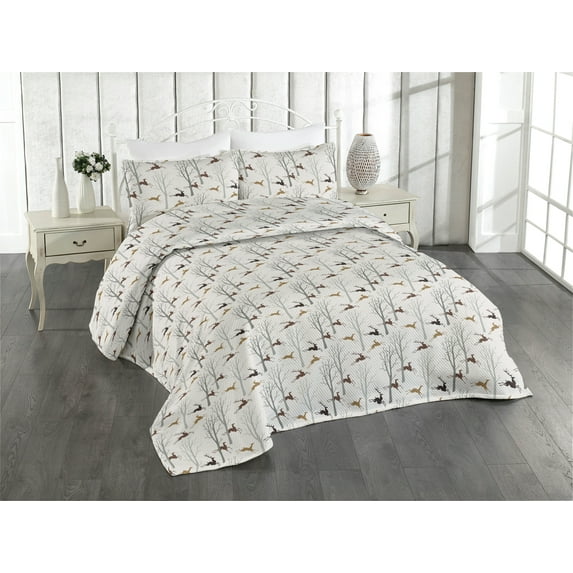 Ambesonne Forest Quilted Bedspread Set 3 Pcs, Earthy Colors Deer Trees Art, Queen, Brown Eggshell and Pale Grey