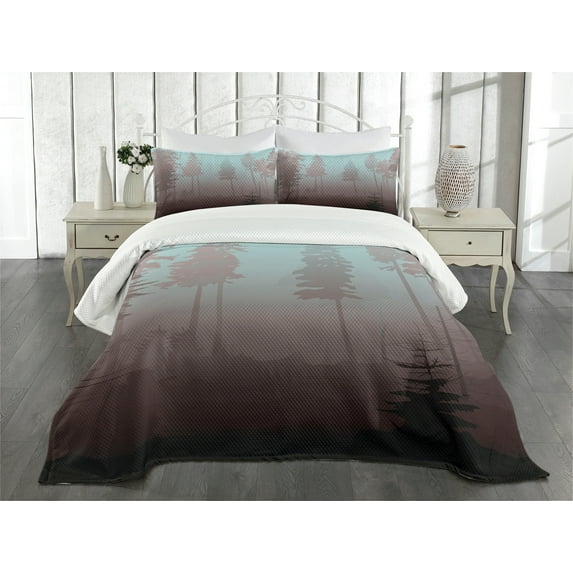 Ambesonne Forest Quilted Bedspread Set 3 Pcs, European Foliage Design, Queen Size, Dried Rose Pale Blue