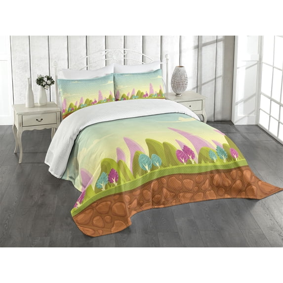 Ambesonne Forest Quilted Bedspread Set 3 Pcs, Fantasy Cartoon Illustration, King Size, Multicolor