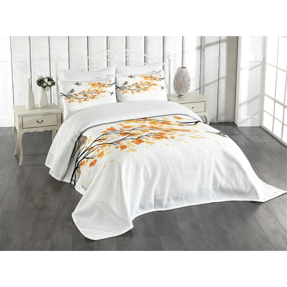 Ambesonne Forest Quilted Bedspread Set 3 Pcs, Flying Birds and Leaves, King Size, Yellow and Cream