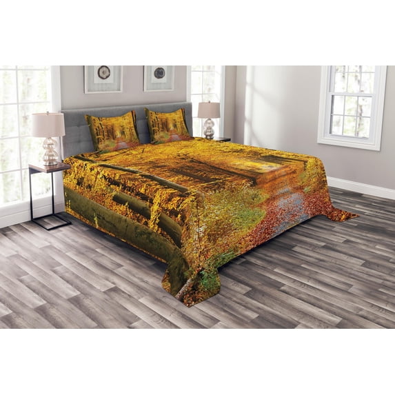Ambesonne Forest Quilted Bedspread Set 3 Pcs, Foliage Leaves Autumn, Queen Size, Yellow and Brown