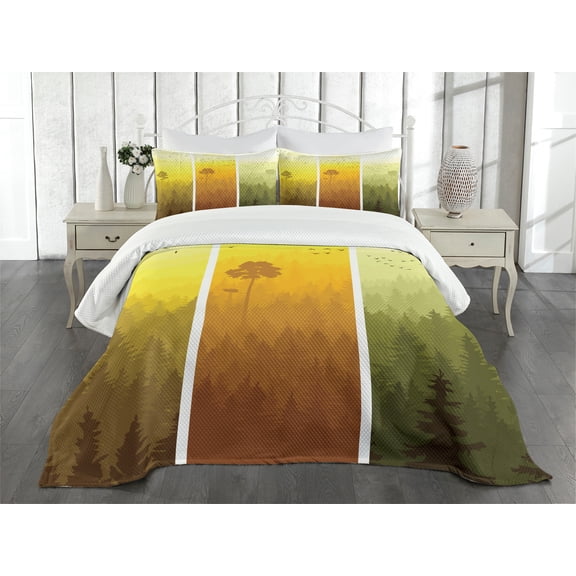 Ambesonne Forest Quilted Bedspread Set 3 Pcs, Hills Trees and Birds, Queen Size, Green Orange Yellow